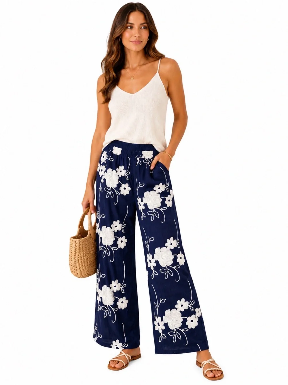 Liv Los Angeles, Embroidered Floral Wide Leg Pants Navy Blue, Size Medium NWT